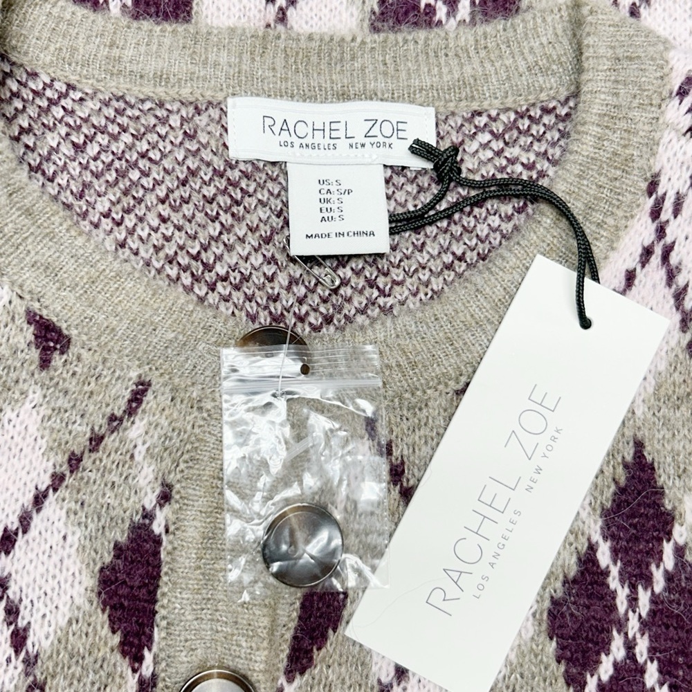 Rachel Zoe Argyle Knit Cardigan Sweater Button Front Pockets Small S NWT - Picture 3 of 6